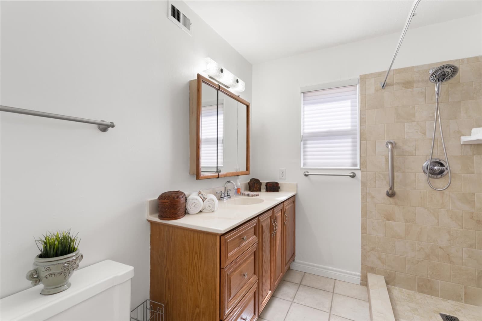 Bathroom with a wood vanity, mirrored medicine cabinet, and a tiled walk-in shower with a grab bar