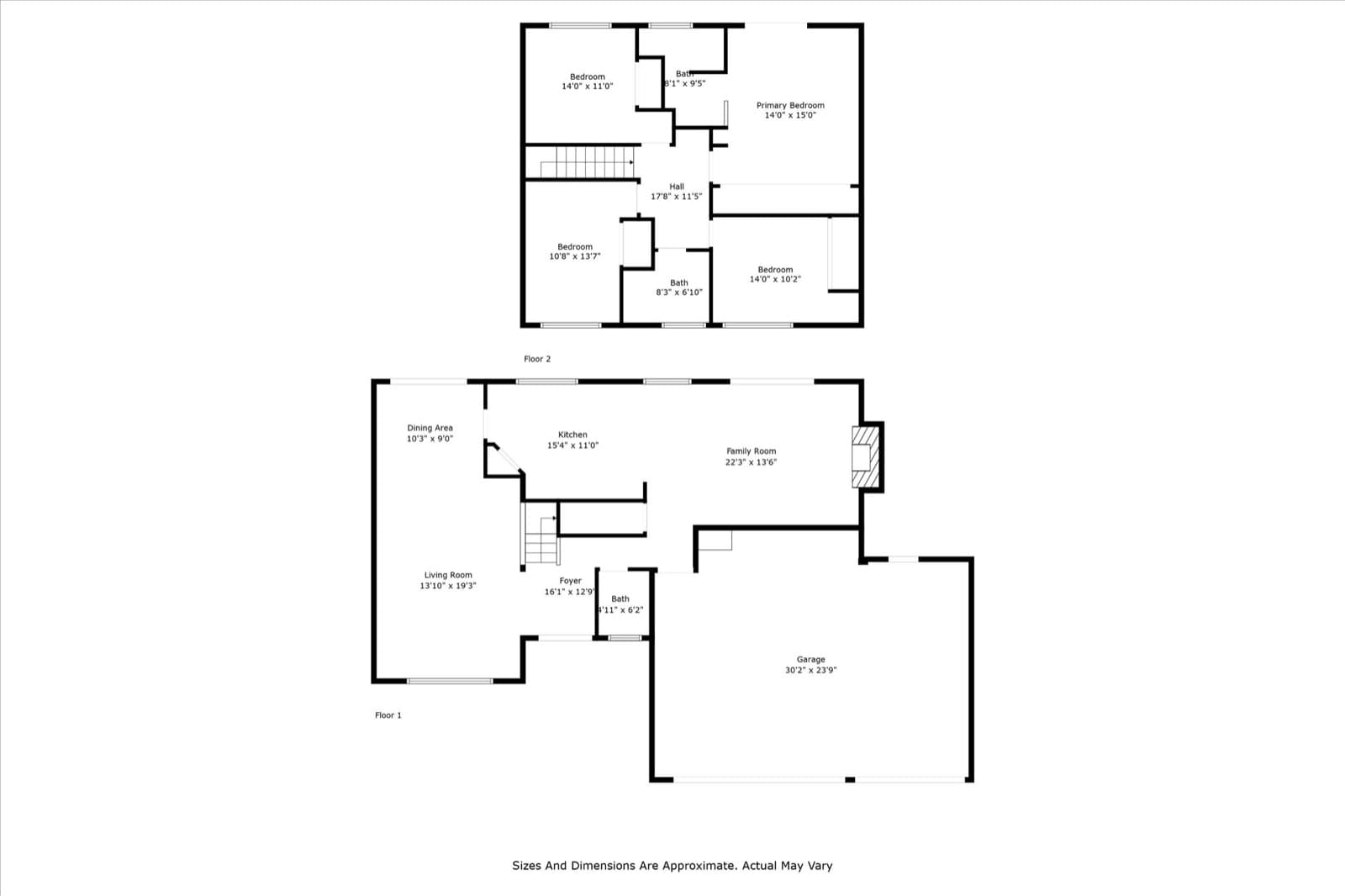 Combined 2D schematic floor plan showing the first and second floors together with room dimensions