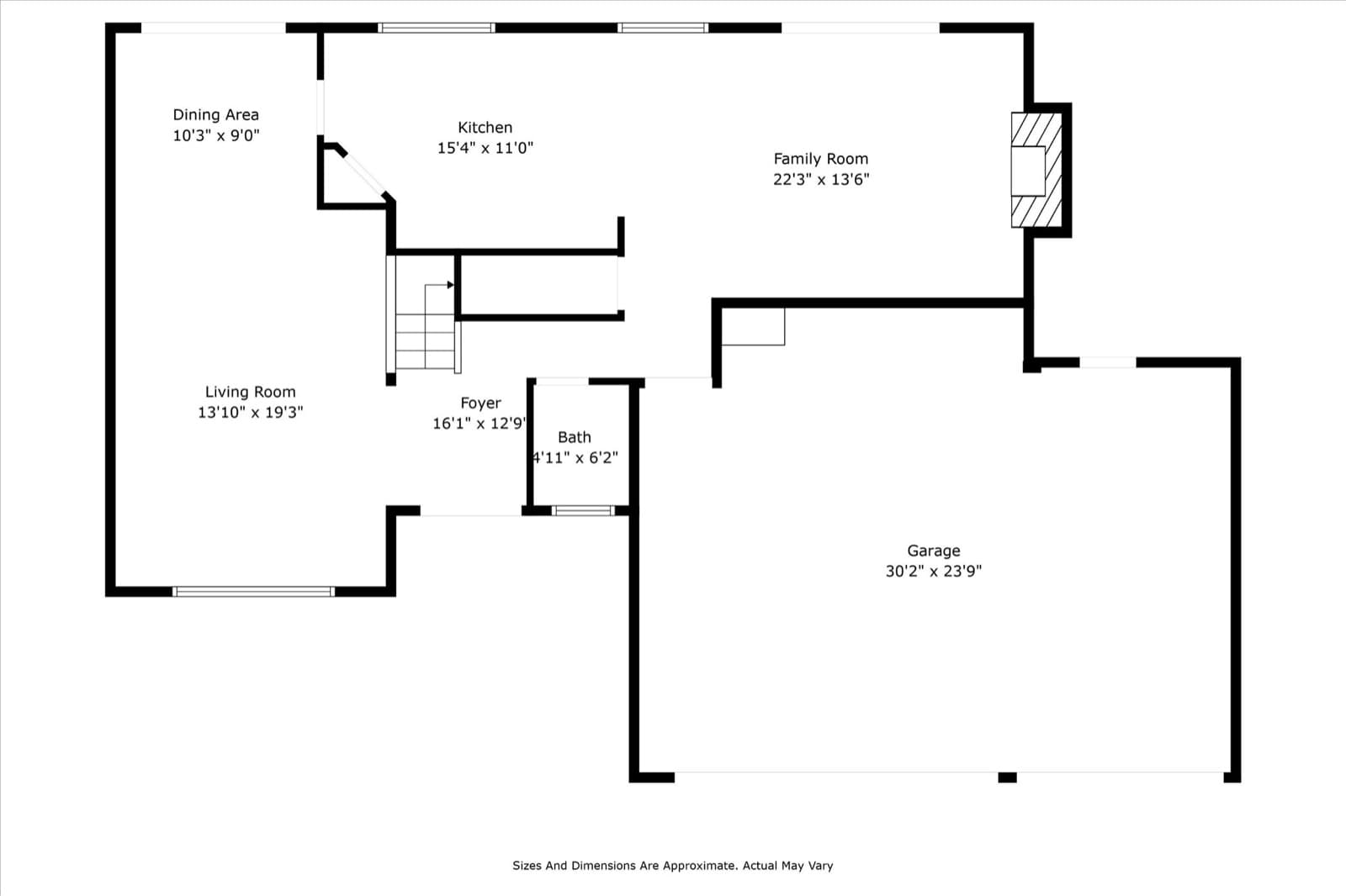First-floor 2D schematic floor plan showing the living room, dining area, kitchen, family room, foyer, bath, and garage with dimensions