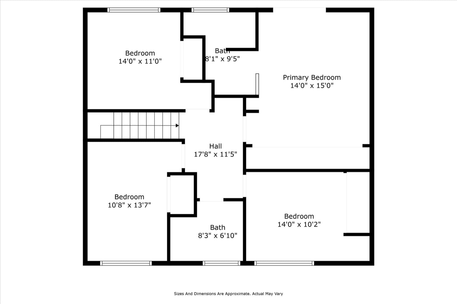 Second-floor 2D schematic floor plan showing the primary bedroom, three further bedrooms, two baths, and the hall with dimensions