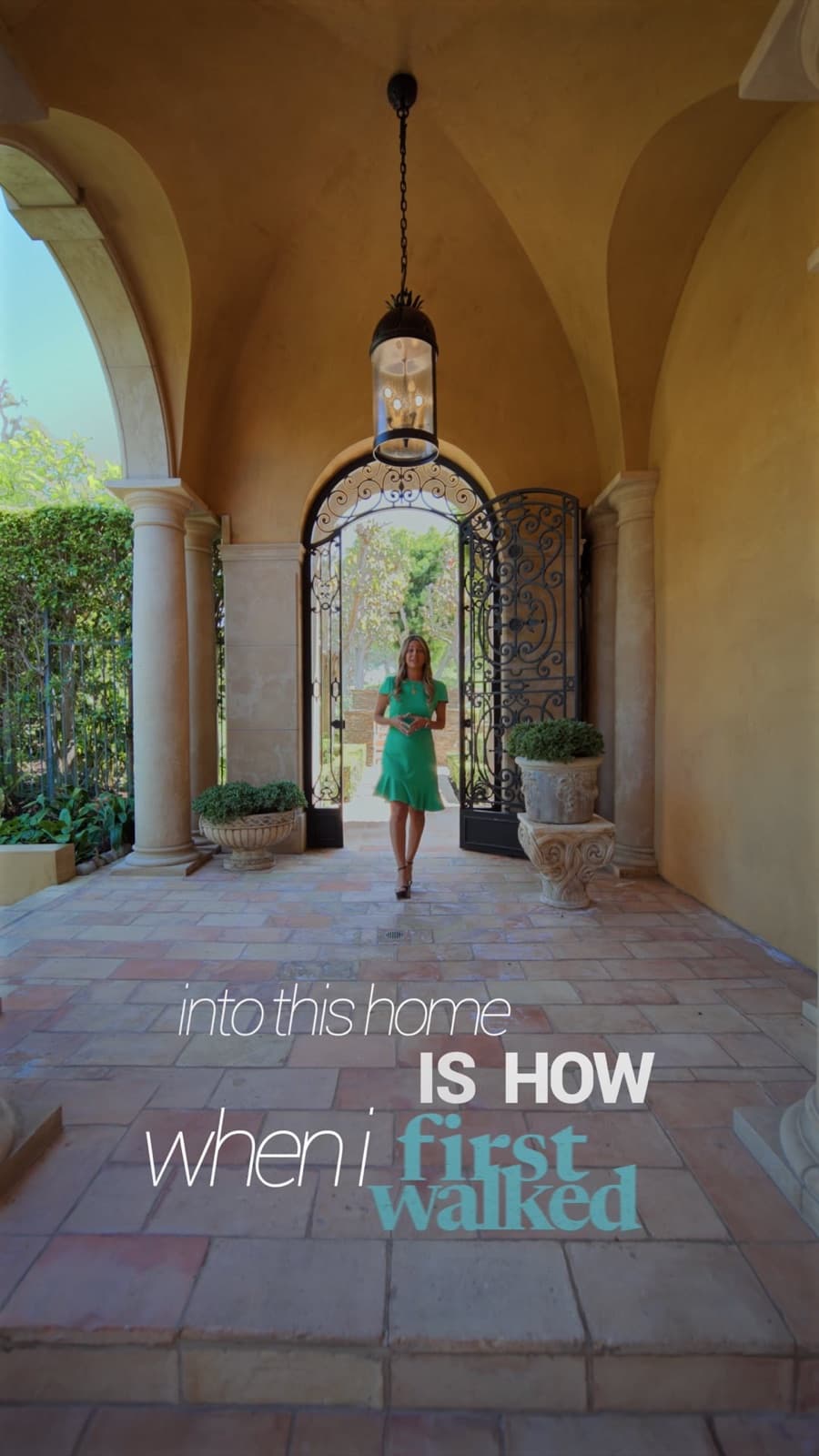 Vertical branding reel thumbnail of an agent walking through an ornate entry gate